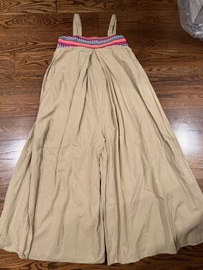 Beige Wide-Leg Jumpsuit with Colorful Embroidered band